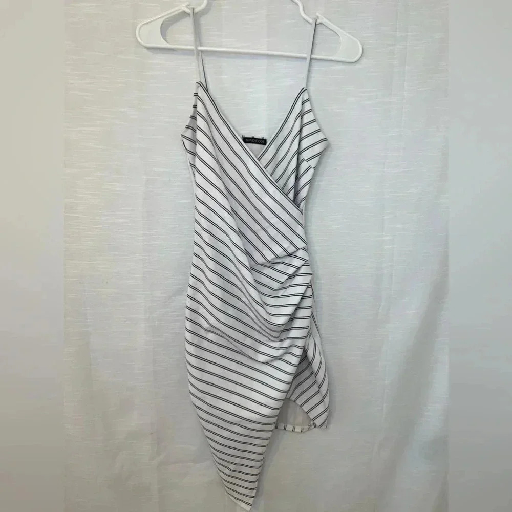 Mind Code White/Black Striped Asymmetrical Bodycon Mini Dress Juniors - Picture 2 of 7